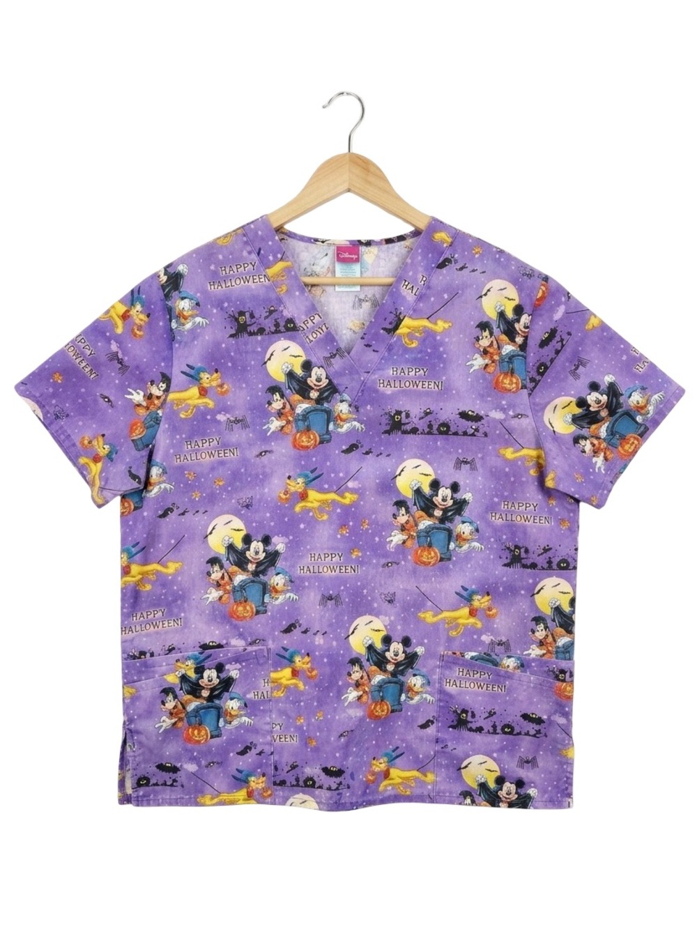 VTG 90s Disney Halloween Scrub Top L Purple Mickey Mouse Goofy Donald Duck Pluto